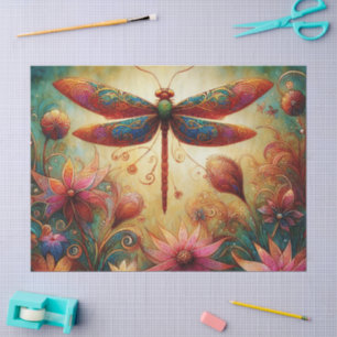 Whimsical Dragonfly Floral Abstract Art Teal Pink Tissue Paper