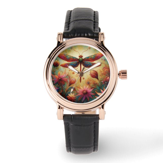 Whimsical Dragonfly Floral Abstract Art Teal Pink Watch (Front)