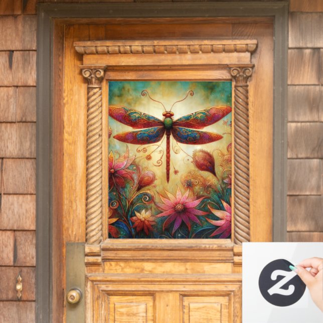 Whimsical Dragonfly Floral Abstract Art Teal Pink Window Cling (Home Door)