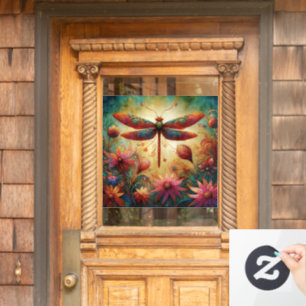 Whimsical Dragonfly Floral Abstract Art Teal Pink Window Cling