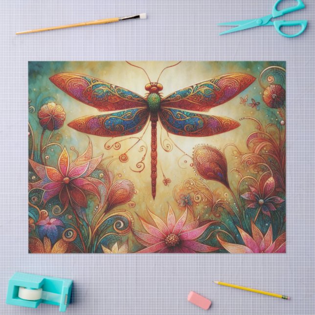 Whimsical Dragonfly Floral Abstract Decoupage Tissue Paper (Craft)