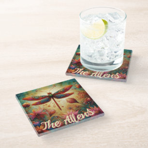 Whimsical Dragonfly Floral Abstract Personalised Glass Coaster