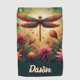 Whimsical Dragonfly Floral Abstract Personalised Golf Towel