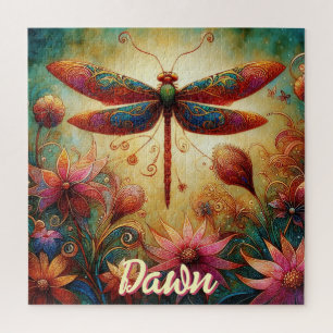 Whimsical Dragonfly Floral Abstract Personalised Jigsaw Puzzle