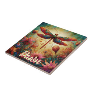 Whimsical Dragonfly Floral Abstract Personalised Tile