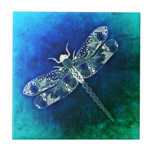 Whimsical Dragonfly Line Drawing Tattoo Art Tile