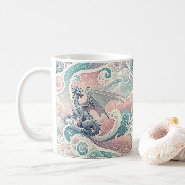 Whimsical Drakes: Pastel Dragon Fantasy Coffee Mug (With Donut)