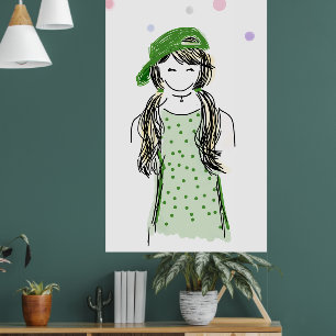 Whimsical Drawing Modern Girl Green Dress and Hat Poster