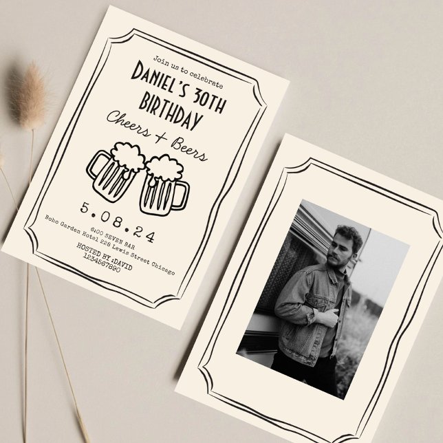 Whimsical drawn Funky Cheers Beers 30 th Birthday  Invitation (Creator Uploaded)