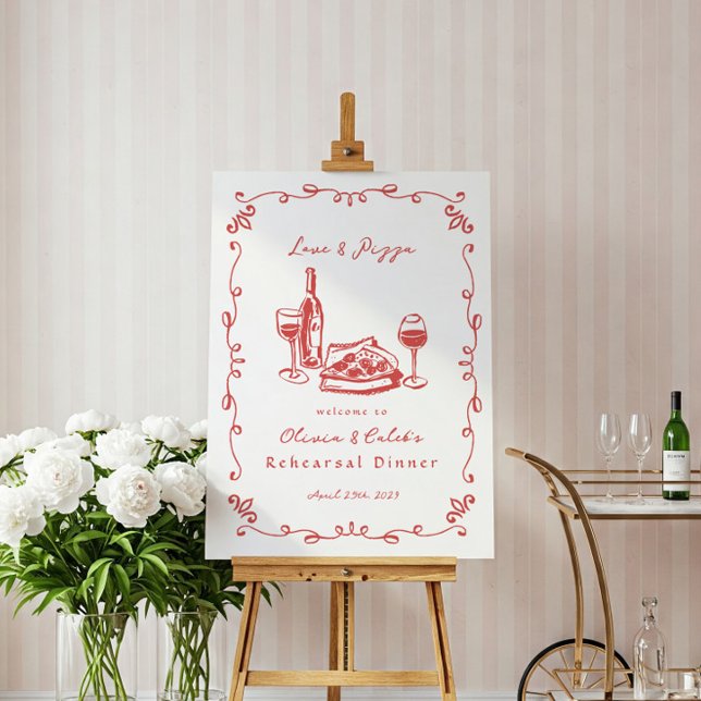 Whimsical Drawn Pizza Wine Rehearsal Dinner Sign (Creator Uploaded)