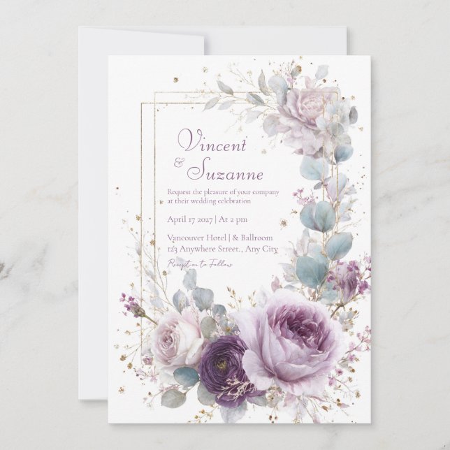 Whimsical Dream Lavender and Gold Wedding Invitation (Front)