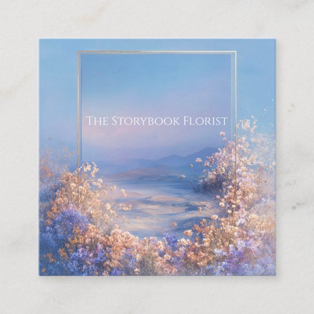 Whimsical Dreamy Meadow Gold Frame Square Business Card (Front)