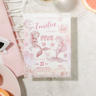 Whimsical Dreamy Pink Sea Mermaid Kids Birthday Invitation