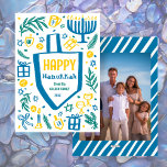 Whimsical Dreidel Menorah CUSTOM Photo HANUKKAH Holiday Card<br><div class="desc">Perfect cute card for a fun holiday card! Hand made art for you! FULLY CUSTOMIZABLE! Click on “Personalise” above to edit the text and add your photo to the back. Click "edit using design tool" to adjust the fonts, colours and placements. (check my shop for alternate designs too) This is...</div>