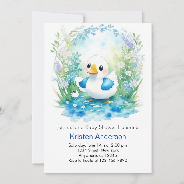 Whimsical Duckling Blue Floral Boy Baby Shower Invitation (Front)