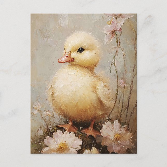Whimsical Duckling with Flowers Spring Art Postcard (Front)