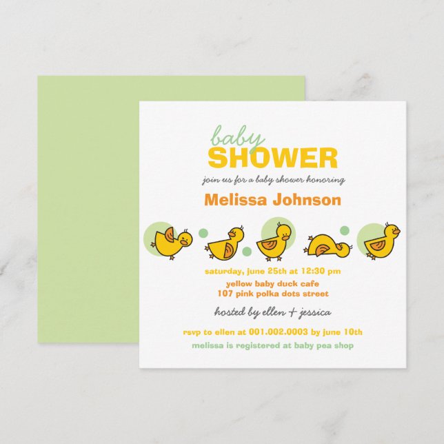 Whimsical Ducks Green Dots Baby Shower Invite (Front/Back)