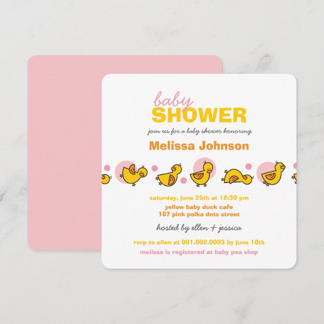 Whimsical Ducks Pink Dots Baby Girl Shower Invite (Front/Back)