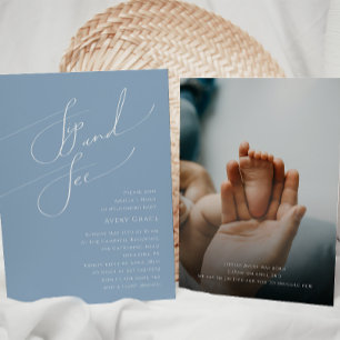 Whimsical Dusty Blue Baby Sip and See Photo Invitation