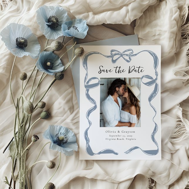 Whimsical Dusty Blue Bow Save the Date  (Whimsical Dusty Blue Bow Save the Date )