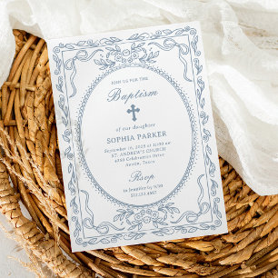 Whimsical Dusty Blue Coquette Frame Baptism Invitation