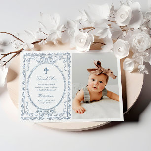 Whimsical Dusty Blue Coquette   Photo Baptism Thank You Card