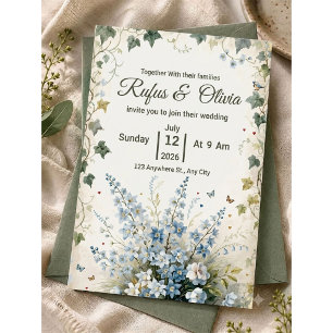 Whimsical Dusty Blue Floral and Ivy Wedding Invitation