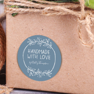 Whimsical Dusty Blue Handmade With Love Classic Round Sticker