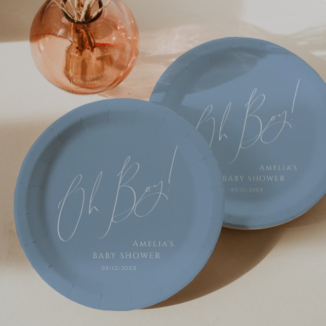 Whimsical Dusty Blue Oh Boy! Baby Shower Paper Plate (Creator Uploaded)