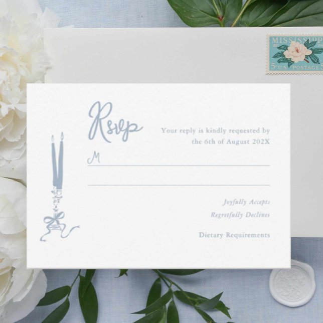 Whimsical Dusty Blue Wedding RSVP Card  (dusty blue hand drawn rsvp card, modern vintage inspired illustrated blue response card, )