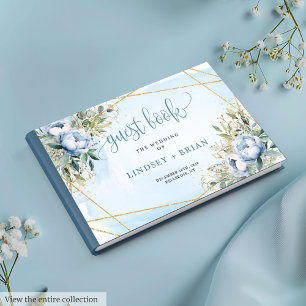 Whimsical Dusty Blue White Gold Peonies Guest Book