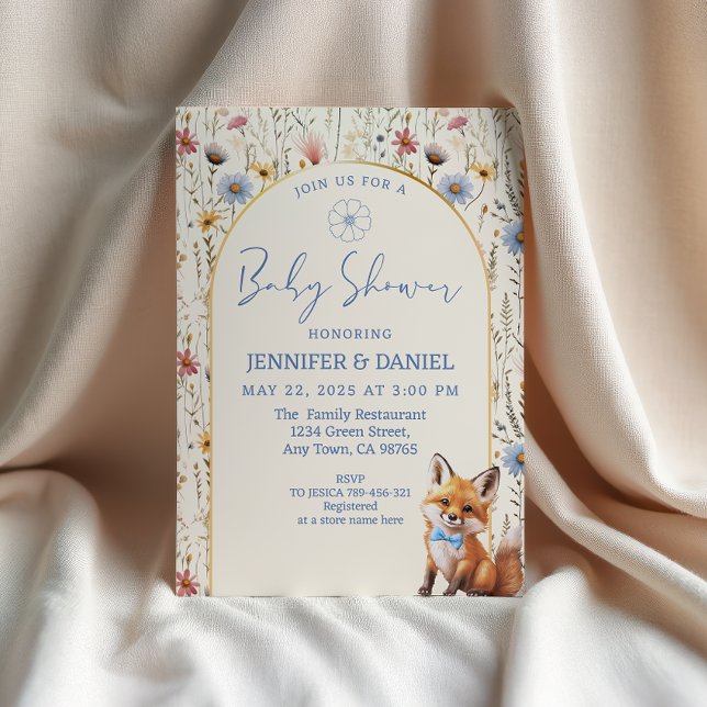 Whimsical Dusty Blue Woodland Fox Baby Shower Invitation (Creator Uploaded)