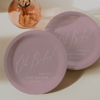 Whimsical Dusty Rose Oh Baby! Baby Shower Paper Plate