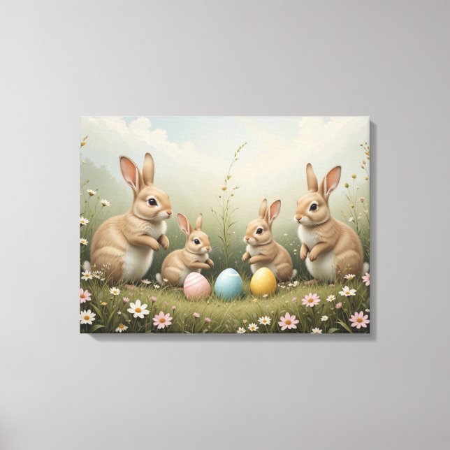 Whimsical Easter Bunnies in Meadow Rustic Pastel  Canvas Print (Front)