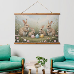 Whimsical Easter Bunnies in Meadow Rustic Pastel Hanging Tapestry