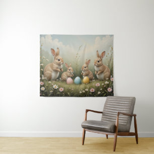 Whimsical Easter Bunnies in Meadow Rustic Pastel  Tapestry