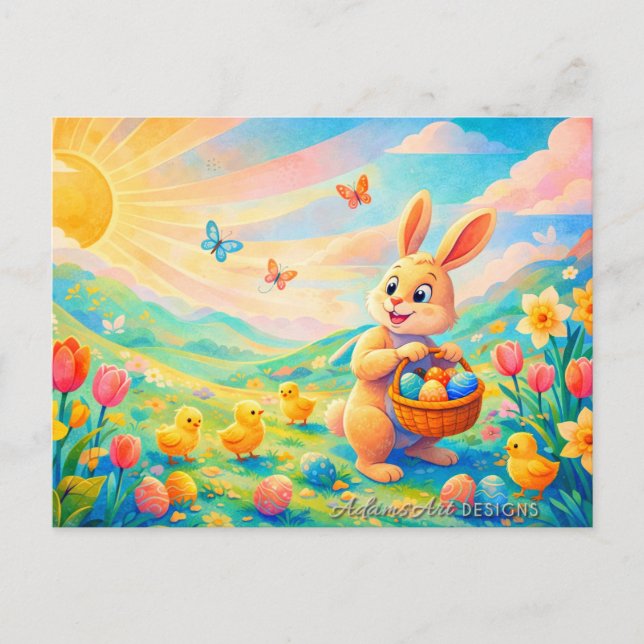 Whimsical Easter Bunny and Chicks Spring Sunshine Holiday Postcard (Front)