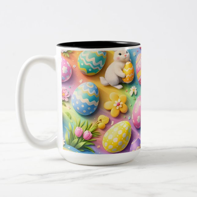 Whimsical Easter bunny and colourful egg pattern c Two-Tone Coffee Mug (Left)