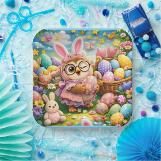 Whimsical Easter bunny and colourful eggs Paper Plate