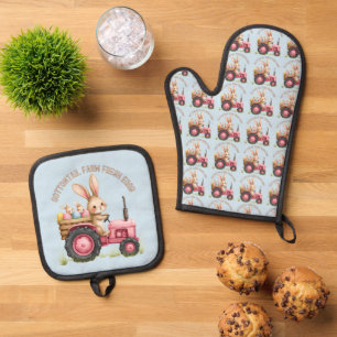 Whimsical Easter Bunny Farm Vintage Tractor Oven Mitt & Pot Holder Set