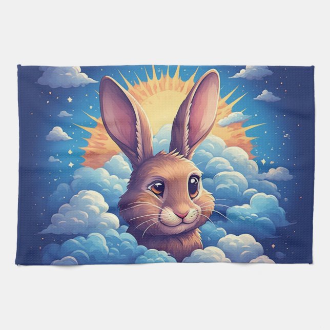 Whimsical Easter Bunny in Clouds 🐰☁️ Soft Pastel  Tea Towel (Horizontal)