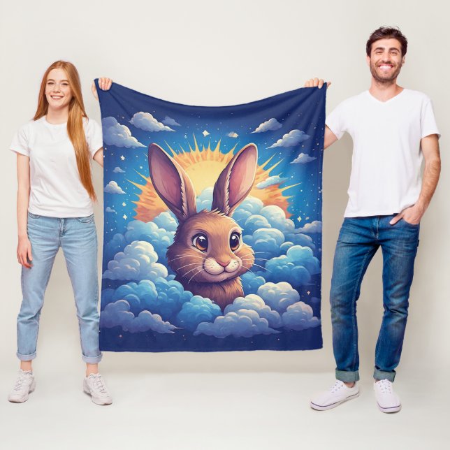Whimsical Easter Bunny Surrounded By Clouds Fleece Blanket (In Situ)