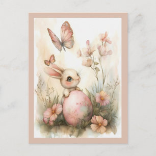 Whimsical Easter Bunny with Butterflies Blush Pink Holiday Postcard