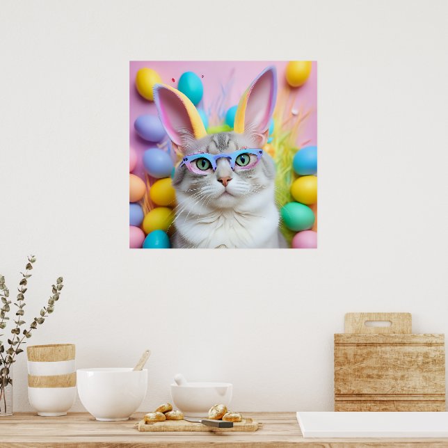 Whimsical Easter Cat with Bunny Ears  Poster (Kitchen)