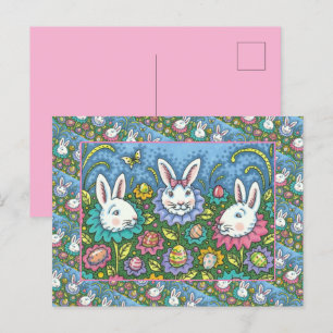 WHIMSICAL EASTER EGG GARDEN, BUNNY RABBIT FLOWERS HOLIDAY POSTCARD