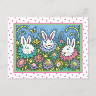 WHIMSICAL EASTER EGG GARDEN, BUNNY RABBIT FLOWERS HOLIDAY POSTCARD