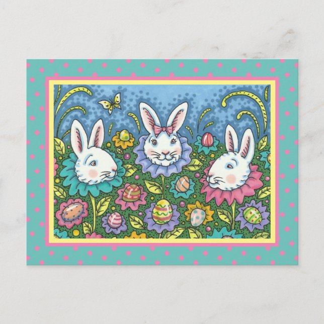 WHIMSICAL EASTER EGG GARDEN, BUNNY RABBIT FLOWERS HOLIDAY POSTCARD (Front)