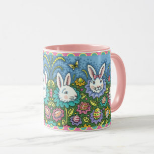 WHIMSICAL EASTER EGG GARDEN, BUNNY RABBIT FLOWERS MUG