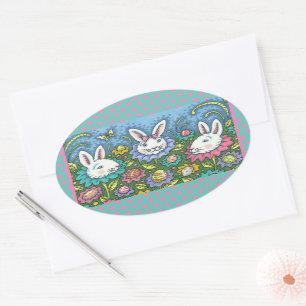 WHIMSICAL EASTER EGG GARDEN, BUNNY RABBIT FLOWERS  OVAL STICKER