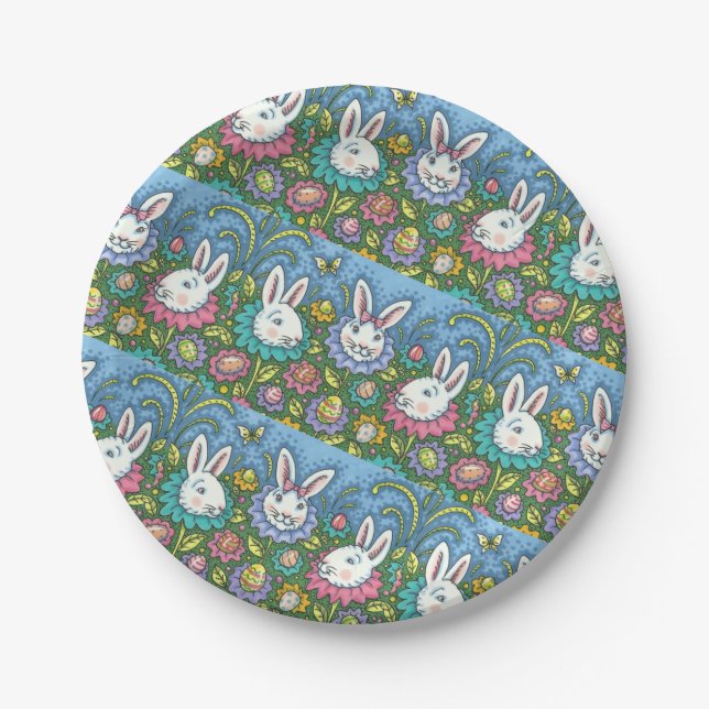 WHIMSICAL EASTER EGG GARDEN, BUNNY RABBIT FLOWERS PAPER PLATE (Front)